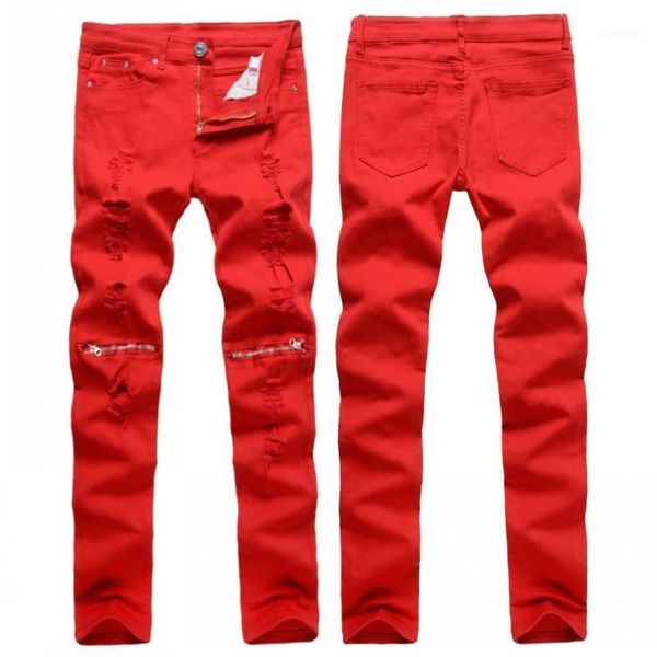 Jeans da uomo Rosso / bianco Strappato per uomo Ginocchio Cerniera Matita casual Pantaloni da uomo in denim di cotone elasticizzato alto Pantalon Homme 03031