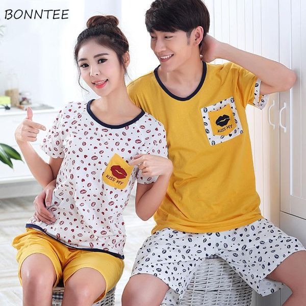 

pajama sets women couple plus size summer ulzzang fashion print cotton soft womens sleepwear short sleeve sweet girls homewear1, Black;red