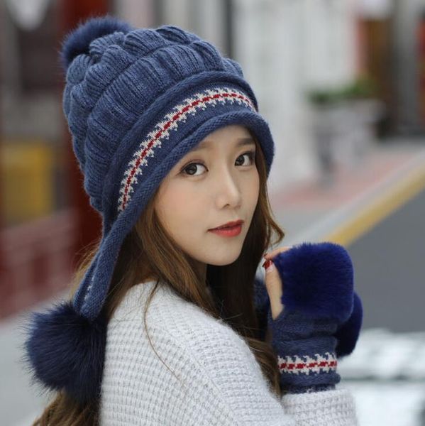 

девочка теплый лыжный марка кролика pom ром теплые перчатки + knit hat set зима женщины шерсть beanie hat толстые skullies женский sqcbuo bd, Black;white
