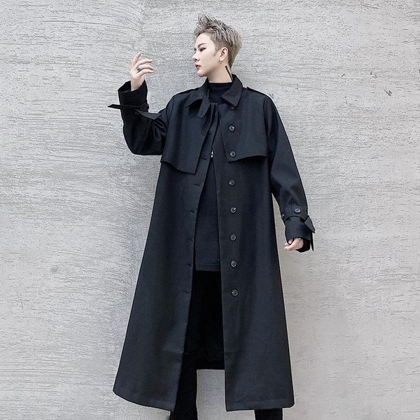

men's trench coats belt 3/4 long coat windbreaker overcoat male japan harajuku streetwear black vintage loose casual jacket outerwear, Tan;black