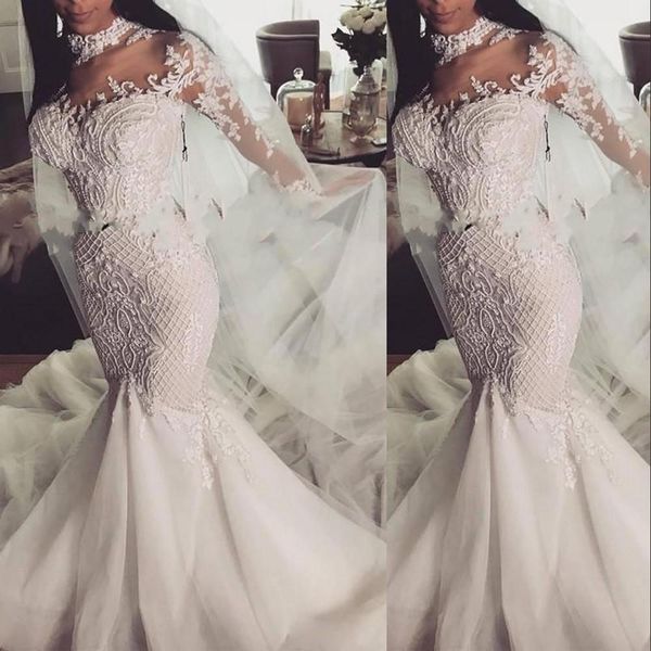 

2021 new sheer high neck mermaid wedding dresses modern lace appliques beads plus size long sleeves country garden bride robes wedding gown, White
