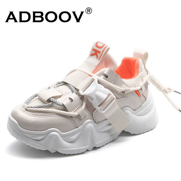 

adboov buckle chunky sneakers women leather mesh upper fashion casual shoes female height increasing 5 cm ladies shoes 201110, Black
