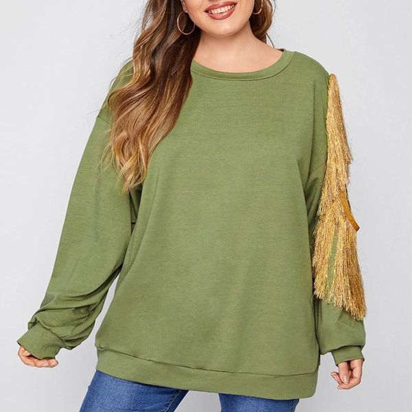 

women's t-shirt o-neck long pullover female autumn and winter plus size loose lady fat strapless fringed casual tee #3, White