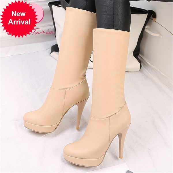 

2021 the new big 31-43 ladies thin high heels mid calf slide boots concise women's shoes q3te, Black