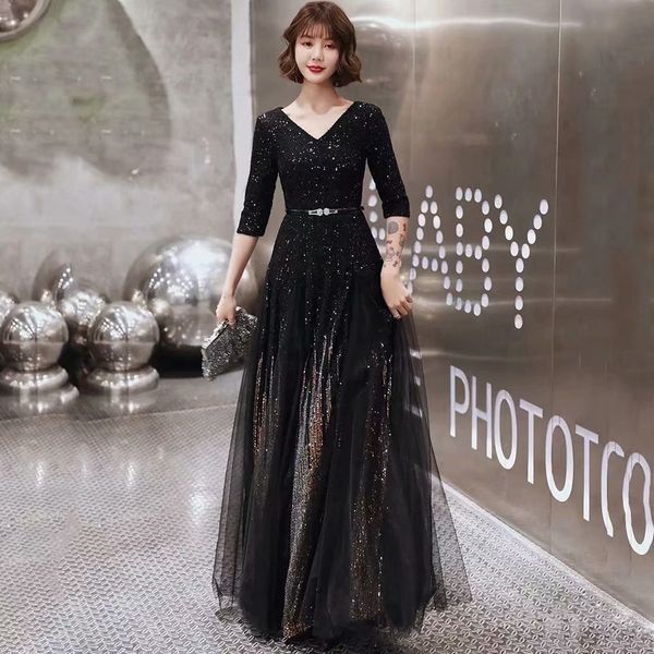 

2021 new robe soiree decote on v black night lantejoulas a line party dresses for women ftci evening, Black;red