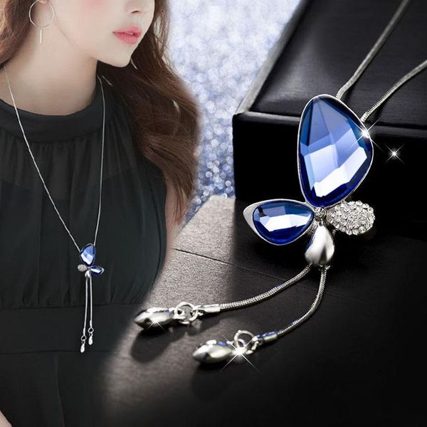 

pendant necklaces women drop long paragraph sweater chain decorative crystal necklace, Silver