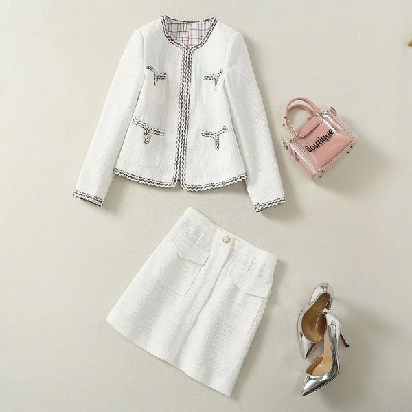 

european and american women's wear 2020 winter new style long sleeve pocket jacket skirts fashionable tweed suit, White