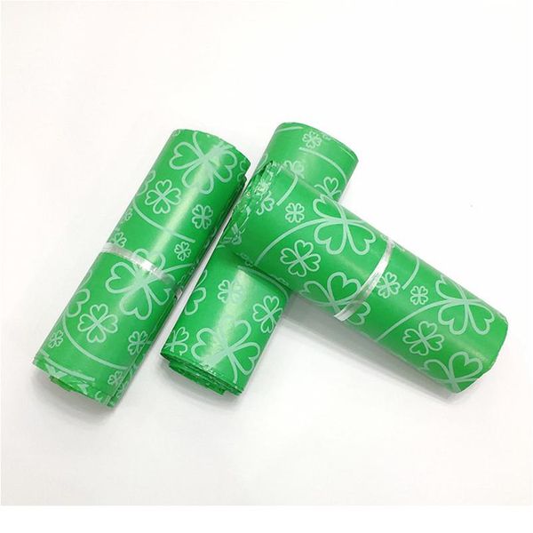 

100 шт. зеленый пластик курьерская сумка четырехлистный клевер печатает доставку доставки сумка сгущение почтовые полиэтилеры 17x28см / 28 w