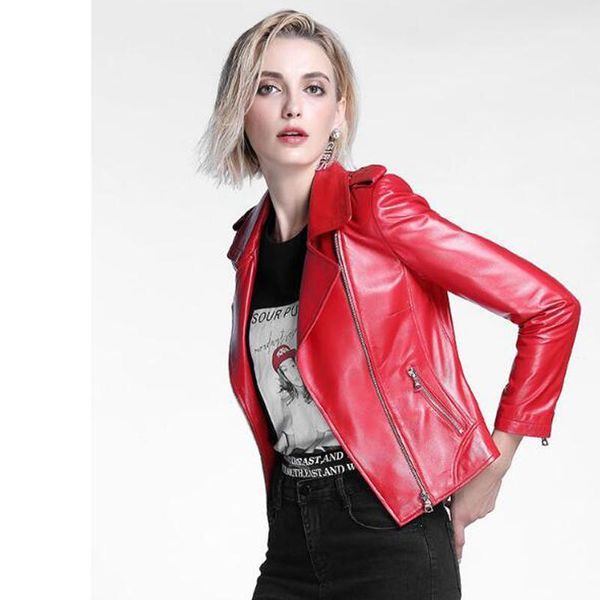 

real genuine leather jacket women sheepskin coat short spring autumn motorcycle biker jacket woman slim fit cf17-1810 kj34291, Black