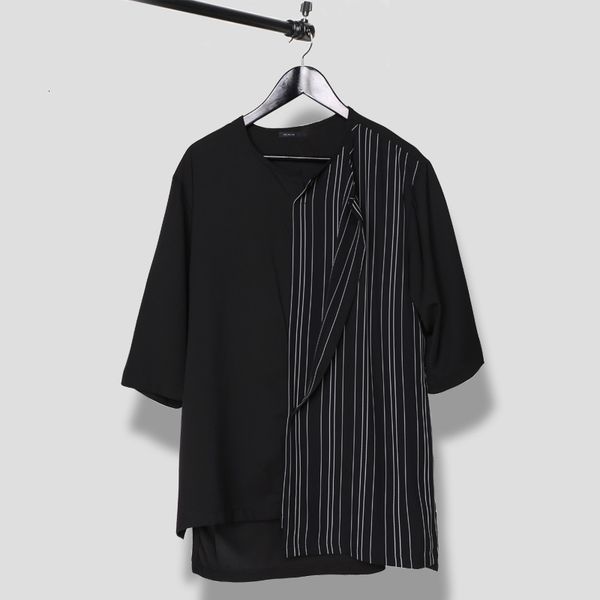 

New Wear From Man's Original Summer Fashion Personality Color Contrast Patchwork Stripes Men with Short Sleeves T-shirt Top. 474V, Black