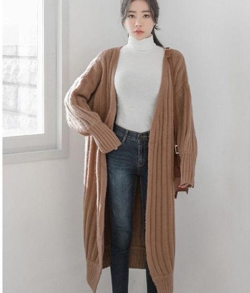

cbafu long cardigan women autumn winter sweater jacket knitted sweater oversized coat clothing solid harajuku loose thicken p457, White