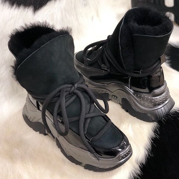 

genuine leather women snow boots winter platform shoes ankle boots for women non-slip keep warm wool women's sneakers c1023, Black