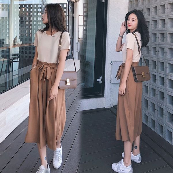 

zfkat 2019 summer chic goddess fan wide wide leg two-piece wide-leg pants pants suit dc red heben style loose student mori temperament suit, Gray
