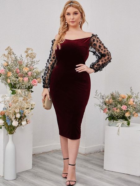 

plus contrast applique mesh off shoulder velvet bodycon dress n6xn#, Black
