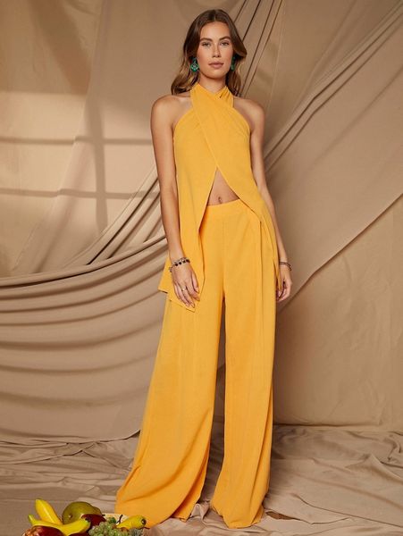 

wrap cross backless longline & wide leg pants set m3x7#, White