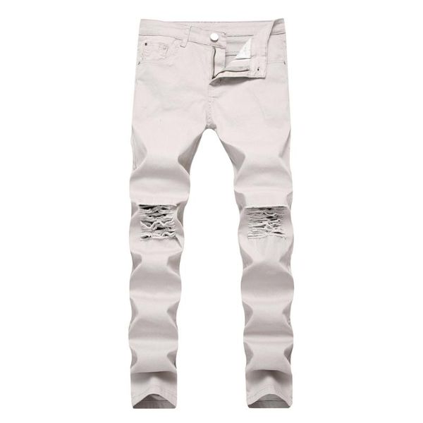 

high street style male ripped distressed cowboys trousers destroyed men jeans small feet stretch straight slim fit pants, Blue