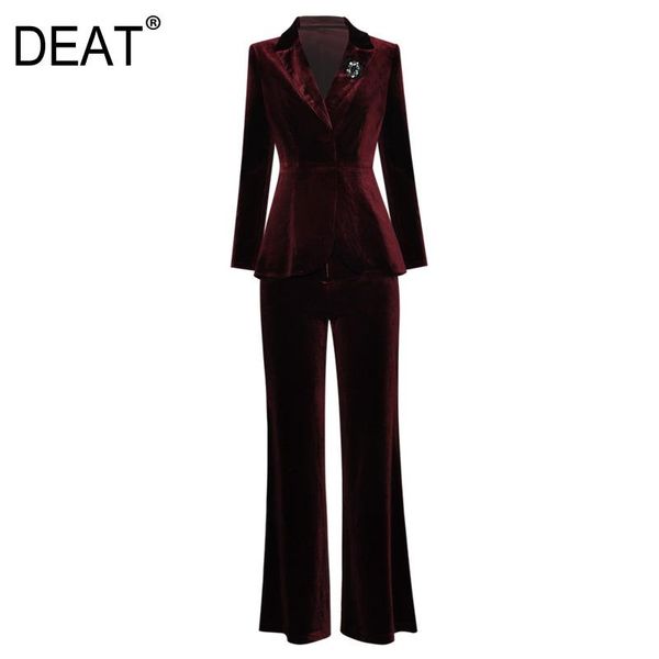 

women's two piece pants [deat] 2021 spring autumn fashion v-neck long sleeve blazer coat velvet temperament women suit 13a557, White