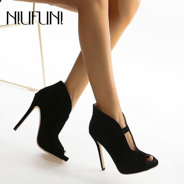 

fashion suede roman niufuni stiletto peep toe woman sandals casual high heels summer footwear gladiator women shoes platform, Black