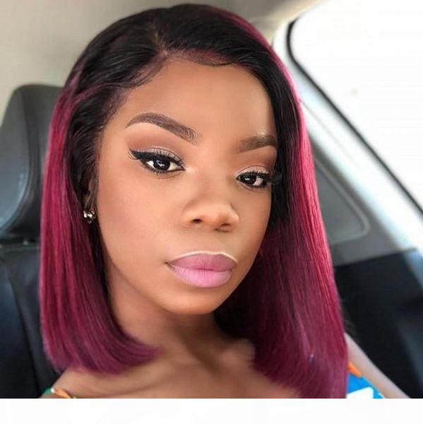 

glueless straight burgundy lace front wigs 1b 99j bob wigs ombre wine red short peruvian human hair wigs, Black;brown