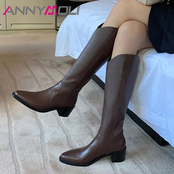 

annymoli women western boots shoes genuine leather high heel knee high boots pointed toe zip thick heels long female black
