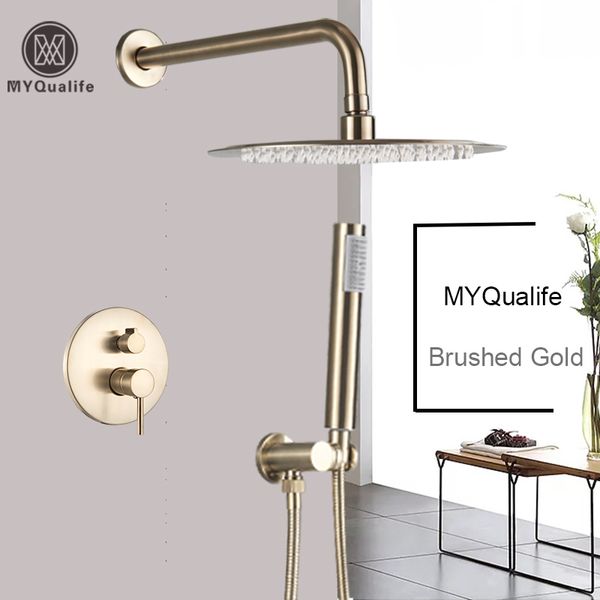 

luxurious brushed gold mixer rotate tub spout wall mount rainfall head hand shower faucet 1011