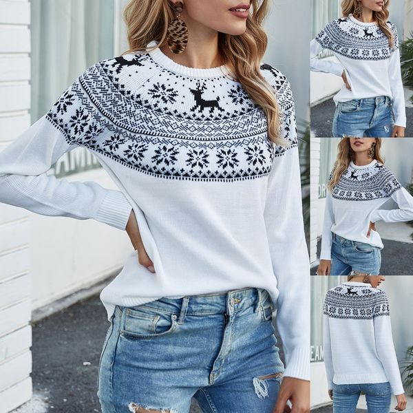 

fashion women casual o-neck long sleeves christmas snowflake fawn print sweater loose plus size comfortable women's clothing, White;black