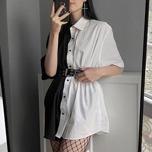 

women dark gothic half sleeve lapel blouse dress black white color block button down oversized loose boyfriend style harajuku