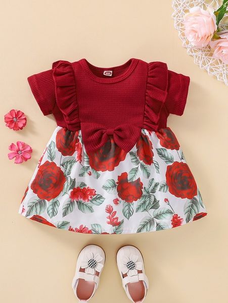 

baby floral print bow front ruffle trim dress she02, Red;yellow