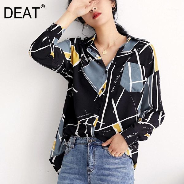 

deat] women printed mixed color split blouse new lapel long sleeve loose fit shirt fashion tide spring autumn 2020 13t4881, White