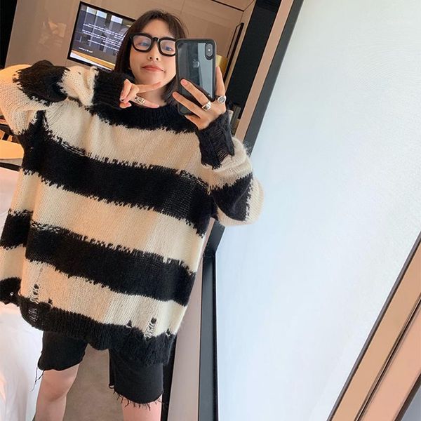 

korea striped knitted sweater women oversized mohair cashmere jumpers long sleeve o-neck loose long pullovers autumn ripped1, White;black