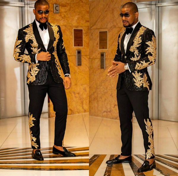 

gold embroidered men suits two pieces shawl lapel blazer slim fit wedding tuxedos fashion mens jacket and pants, Black;gray