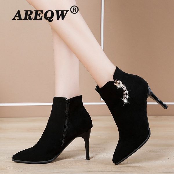 

2020winter new women's stiletto high heel boots solid color pointed shallow mouth suede snow boots microfiber party work, Black