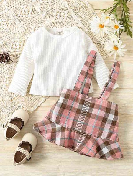 

baby solid & plaid print ruffle hem suspender skirt she, White