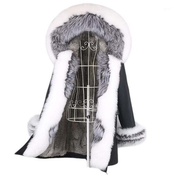 

2020 new parka long winter jacket women real fur coat natural raccoon fur collar color mix real rex liner1, Black