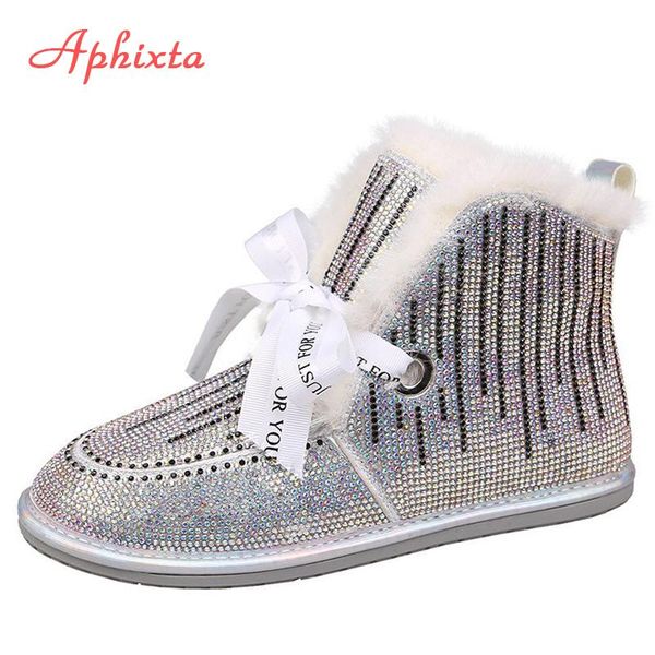 

aphixta 2020 new bling crystals design winter snow boots women letter riband flat heels rhinestones suede warm plush shoes woman, Black