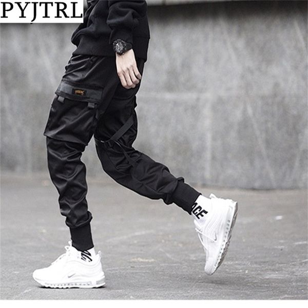 Pyjtrl homens multi-bolso elástico cintura elástica harem calça streetwear hip hop calças casuais masculino calças de dança 201221