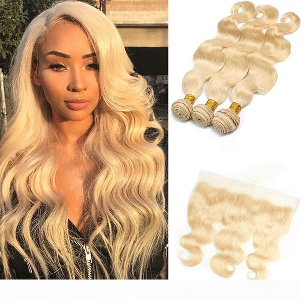 

peruvian unprocessed human hair extensions 613# blonde body wave 3 bundles with 13*4 lace frontal body wave virgin hair 8-28inch, Black;brown