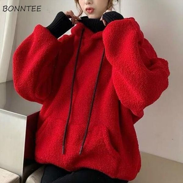 

with hat hoodies women velvet loose large size turtleneck all match outwear solid color korean style students patchwork students, Tan;black