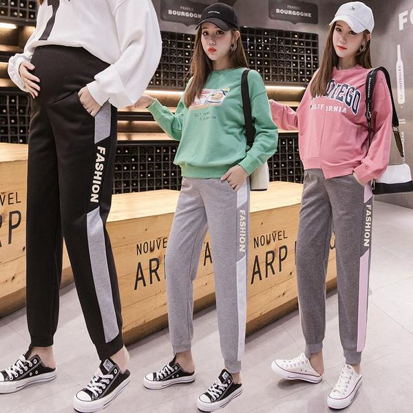 

3605# maternity pants spring autumn support abdomen letter printing elastic waist belly support pants maternity trousers, White