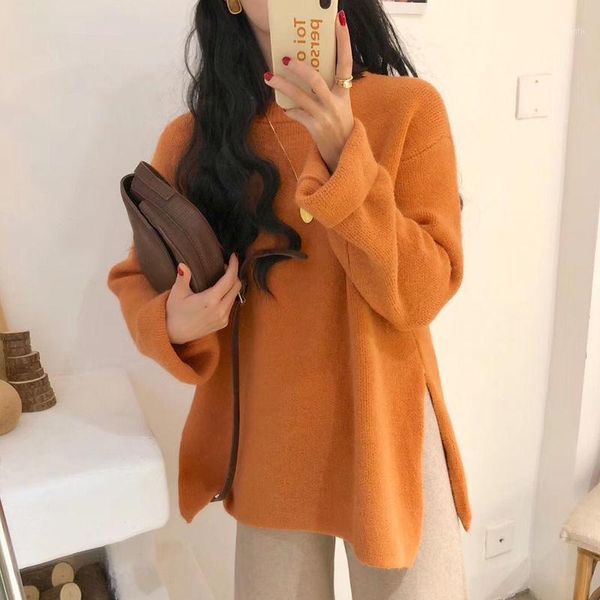 

japanese solid color pullover sweater women loose wear autumn and winter wear split lazy wind bottoming sweater1, White;black