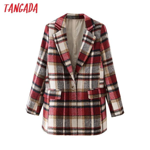 

tangada women red plaid thick coats jacket long sleeves pocket 2021 ladies elegant coat da108, Black