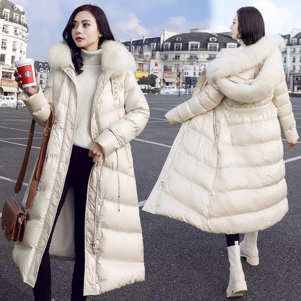 

nice tide утолщение тонкий длинный отрезок над коленом двойной большой меховой воротник вниз куртка женщин, Black