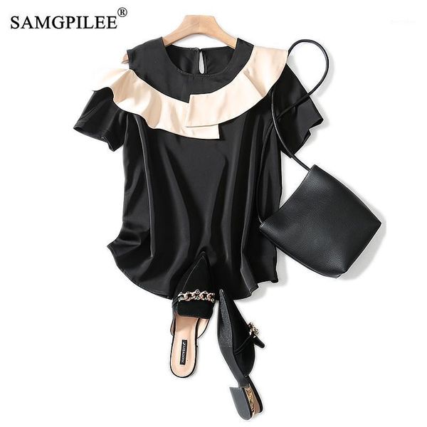 

women's t-shirt tshirt oversize women casual 2021 summer clothing woven short sleeve ruffles patchwork o-neck for black t-shirt1, White