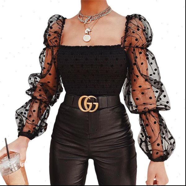

2021 summer crop women ruffles polka dot slash neck puff sleeve backless short mesh club party female shirts, White