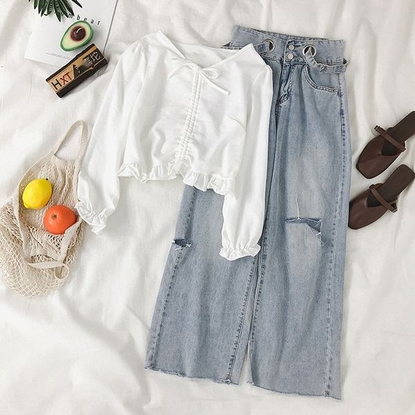 

рубашка пузырь рукав топ короткие брюки костюм женский pantstop широкий pantsshirt нога перфорированный джинсовой широкий ноги брюки дизайн, Gray