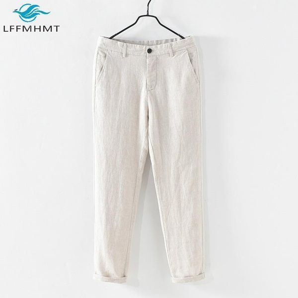 

men simple straight linen pants summer japan style harajuku breathable business casual slim fit basic wild trousers1, Black