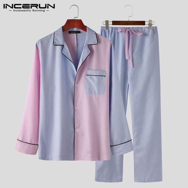 

men leisure striped pajama sets incerun long sleeve button drawstring pants homewear suits casual patchwork sleepwear sets, Black;brown