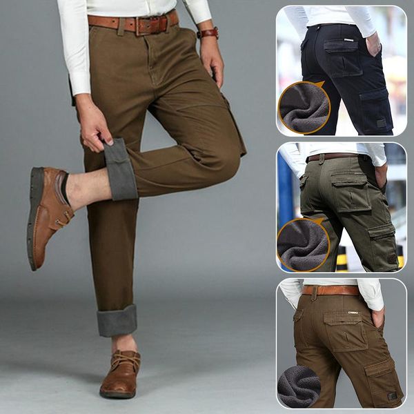 

warm fleece men's casual pants charming fashion male streetwear plus size solid color multi pocket straight trouser, Black