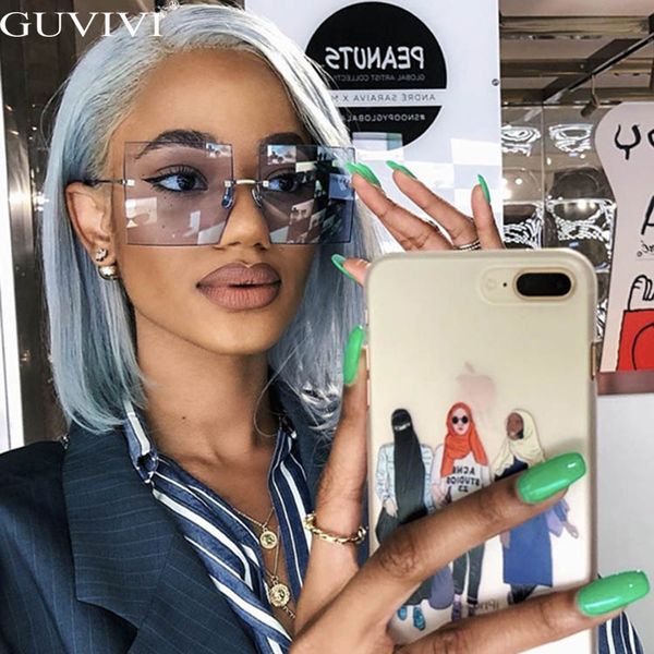 

oversized rimless square sunglasses women trendy fashion ladies retro sun glasses red brown tinted color lens uv400, White;black