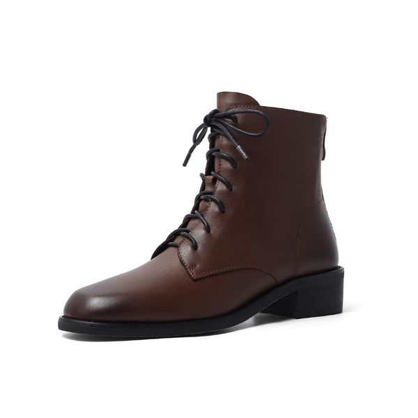 

2021 women cow leather ankle boots lace up round toe high heels black color autumn spring riding boots size 34-40